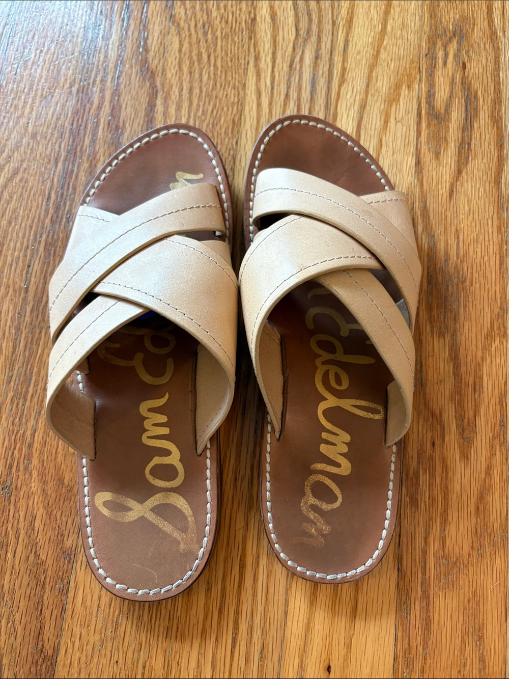 Sam Edelman Beige/Tan Crisscross Leather Slide Sandals